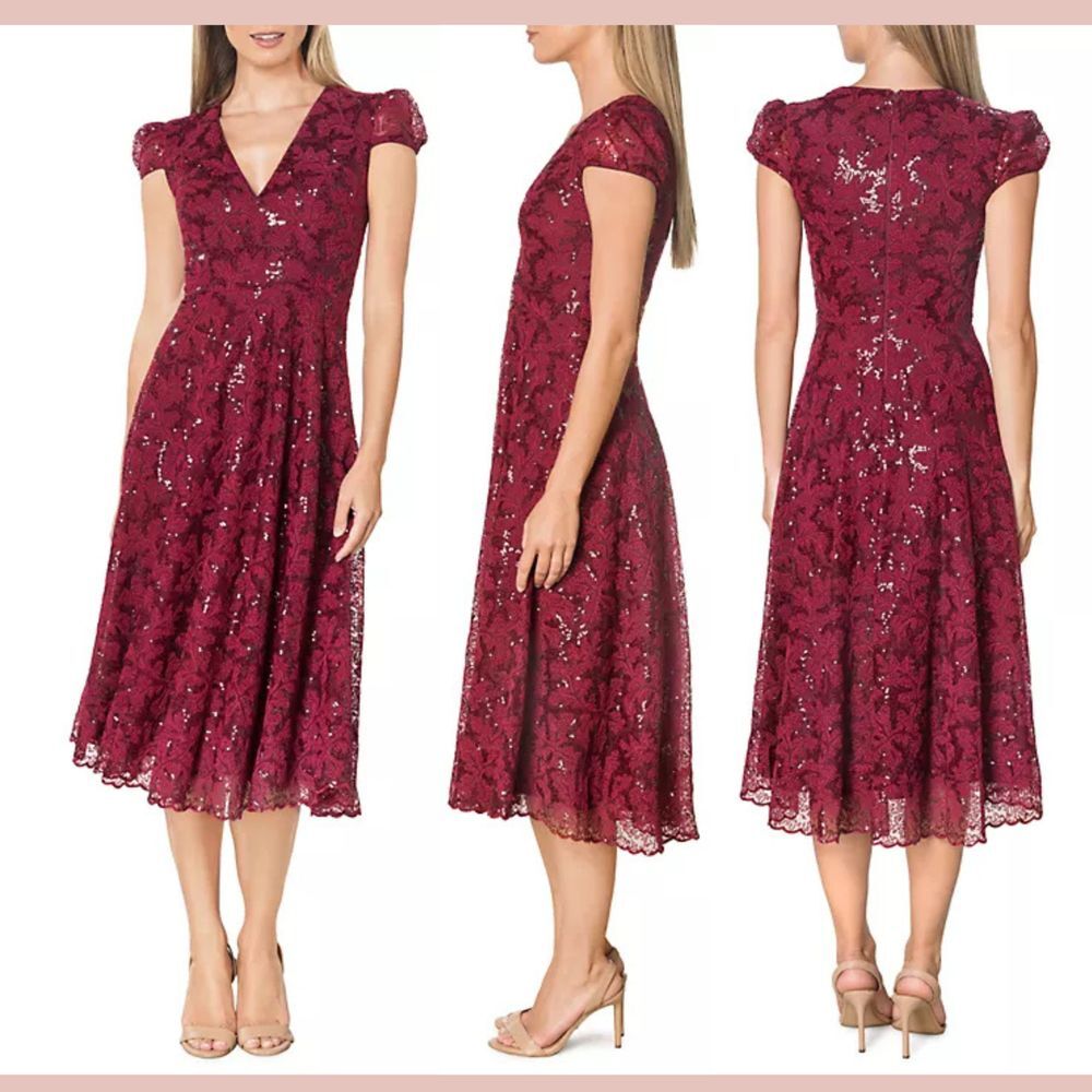 NEW $348 Dress‎ The Population [ Large ] Magdalena Sequin Lace Midi Dress Red